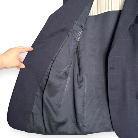 Tommy Hilfiger 100% Wool Navy Blue Windowpane Plaid Three Button Blazer Mens 42R - Picture 8 of 12